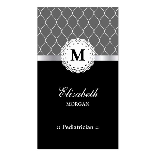 Pediatrician Elegant Black Lace Pattern Business Card (front side)