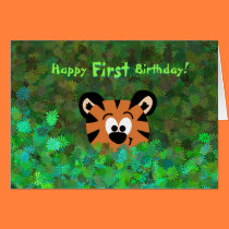 Peeking Baby Tiger Rahul Happy First Birthday Card cards