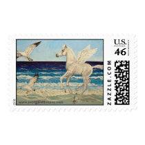 Pegasus Horse & Sea Gulls Fantasy postage stamp by Fine_Art_of_Morgane Pegasus Horse & Sea Gulls Fantasy postage stamp