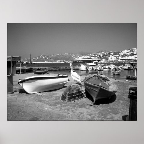 Pelican and Boats (Black and White) print