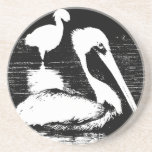 Pelican with Snowy Egret Black & White Graphic Beverage Coaster