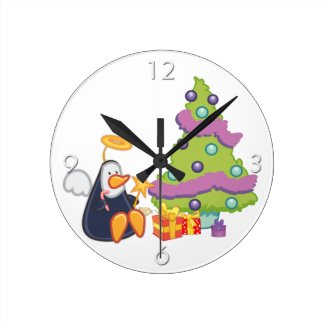 Penguin Angel Christmas Round Clock
