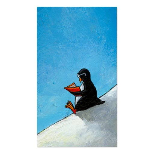 Penguin art fun cute bird in glasses reading book business card template (front side)