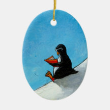 Penguin art fun cute bird in glasses reading book christmas tree ornament