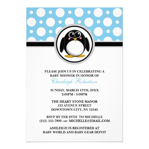 Penguin Blue Polka Dot Baby Shower Invitations