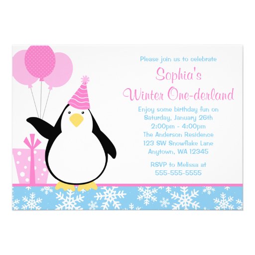 Penguin Blue Snowflakes Winter Onederland Birthday Invitation