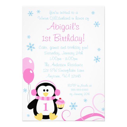 Penguin Cupcake Swirls Winter Onederland Pink Blue Invitation