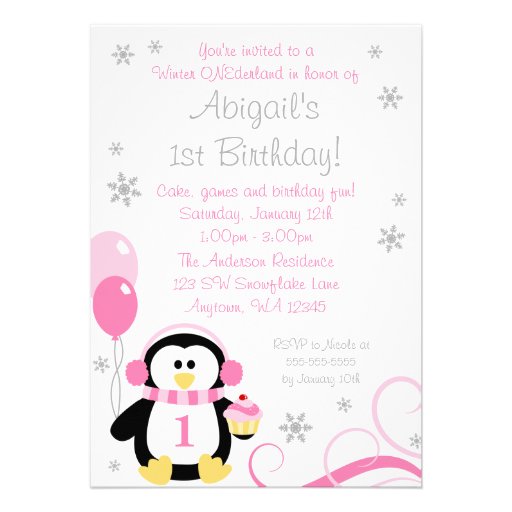 Penguin Cupcake Swirls Winter Onederland Pink Gray Personalized Invitation