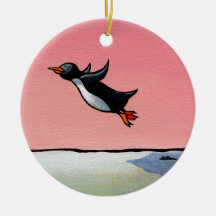 Penguin flying fun whimsical art Eternal Optimist Christmas Tree Ornaments