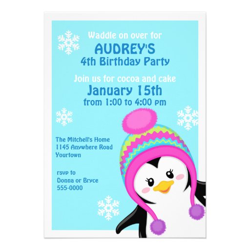 Penguin Girl's Winter Birthday Invitation