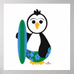 Penguin Holding Surf Board Poster