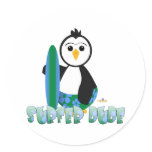 Penguin Holding Surf Board Surfer Dude Round Sticker