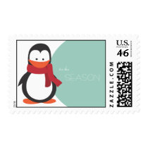 Penguin Holiday Postage Stamp-blue green