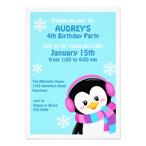 Penguin in Earmuffs Winter Birthday Invitation