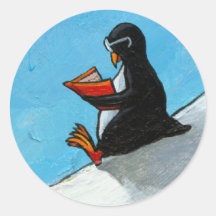Penguin in glasses reading a book fun art round stickers