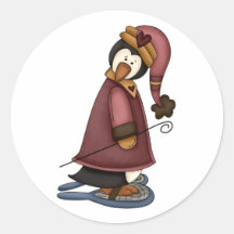 penguin in snow shoes round sticker