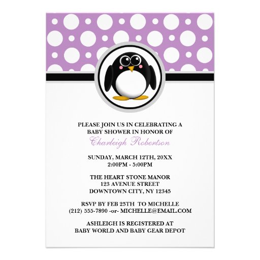 Penguin Purple Polka Dot Baby Shower Invitations