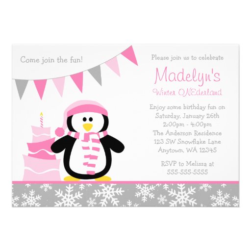 Penguin Snowflakes Pink Winter Onederland Birthday Personalized Invitation (front side)