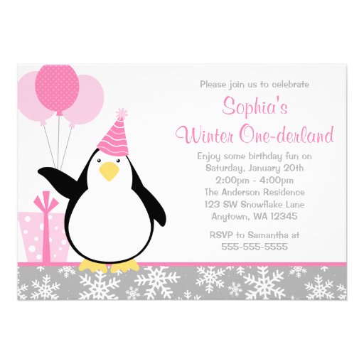 Penguin Snowflakes Winter Onederland Birthday Personalized Announcement