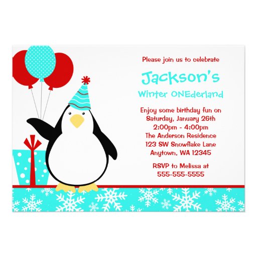 Penguin Teal Snowflakes Winter Onederland Birthday Personalized Announcements