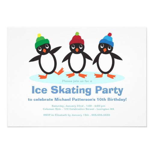 Penguin Trio Boys Ice Skating Birthday Party Personalized Announcement