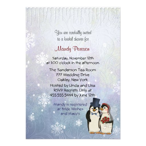 Penguin Wedding with Snowflakes - Bridal Shower Personalized Invite