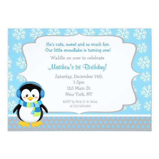 Penguin Winter Snowflake Birthday Invitations