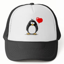 Penguin with a heart balloon trucker hat