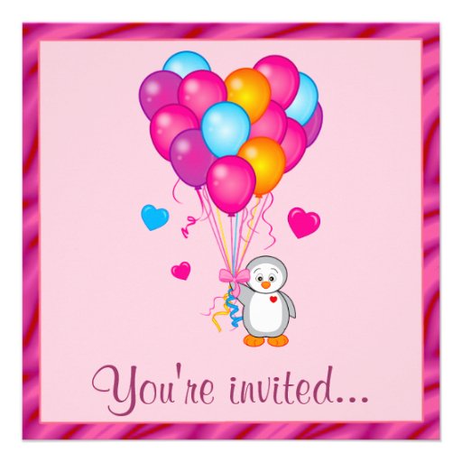 Penguin with Balloons Birthday Party Custom Invitation