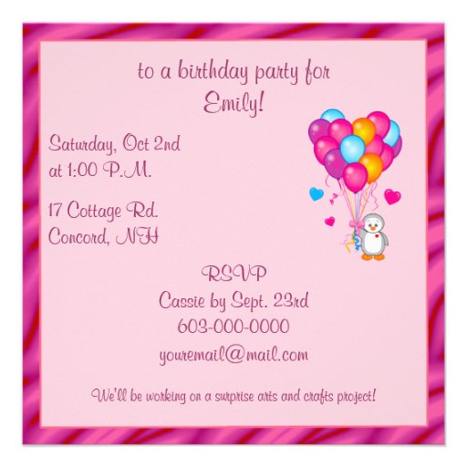 Penguin with Balloons Birthday Party Custom Invitation