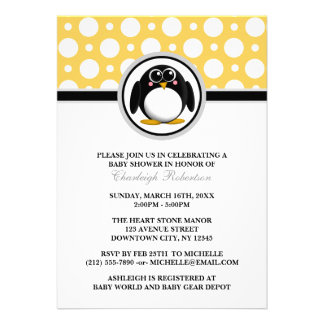 Penguin Yellow Polka Dot Baby Shower Invitations