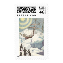 Penguins and Ship Stuck in Ice Postage Stamp