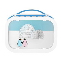 Penguins holding hands outside igloo lunch boxes
