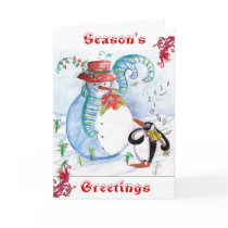 PENGUIN'S SERENADE , white blue red Greeting Cards
