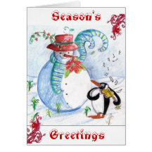 PENGUIN'S SERENADE , white blue red Greeting Cards