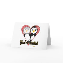 Penguins Wedding Lace Heart You're Invited cards