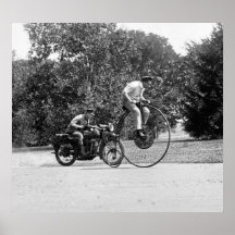 Penny Farthing vs. Motorcycle, 1920s Poster