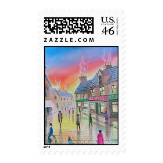 Penny Farthing wet street scene painting stamp