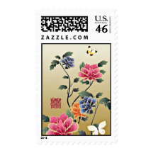 Peonies & Butterflies Double Happiness Wedding Postage Stamps