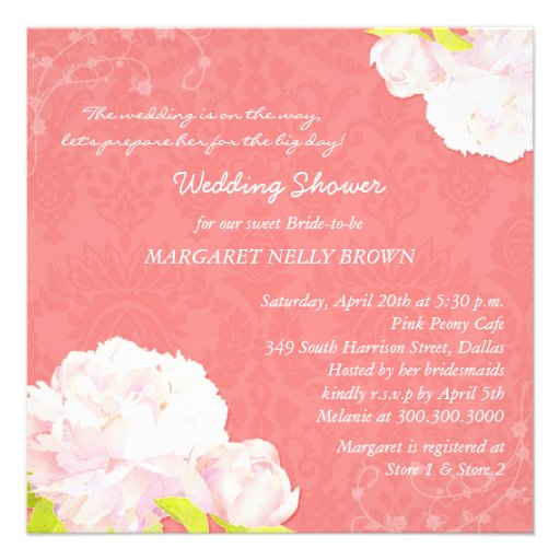 Peony Blooms + Coral Reef Damask Bridal Shower Personalized Announcement (front side)