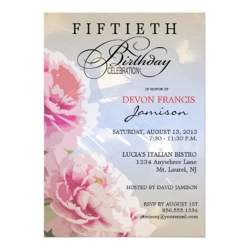 Peony Floral 50th Birthday Party Invitation Blue (front side)