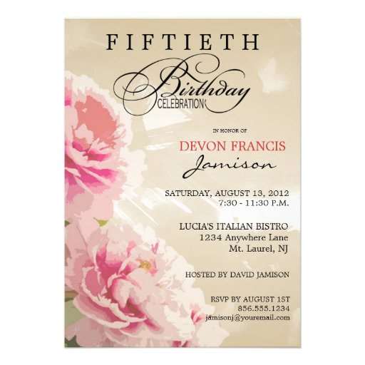 Peony Floral 50th Birthday Party Invitation Tan