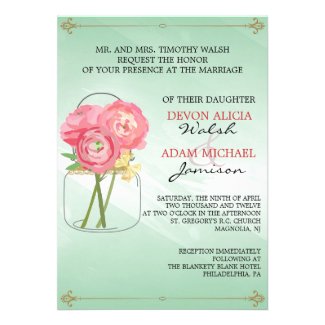 Peony Mason Jar Wedding Invitation in Pink & Green