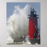 People on jetty watch large breaking waves in posters