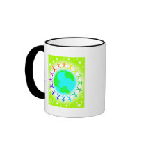 People united atop world globe mugs