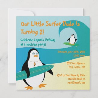 Pepe Surfer Penguin Little Kid Birthday Invitation invitation