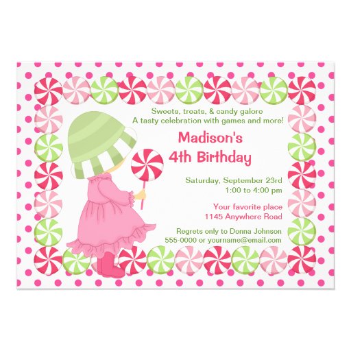 Peppermint Candy and Polkadots Girls Birthday Personalized Invite