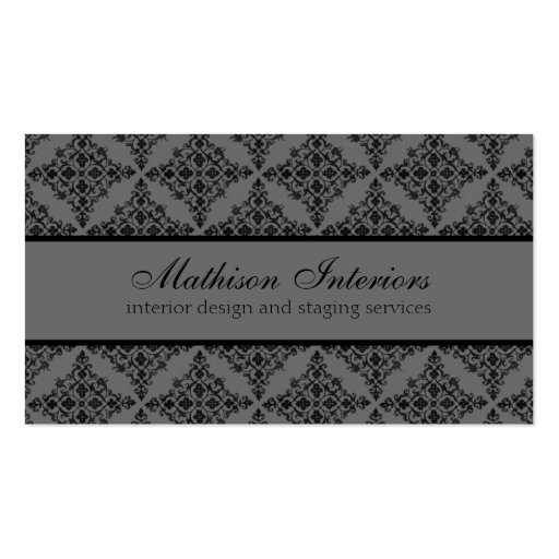 Perfectly Polished Damask Business Card, Gray (front side)