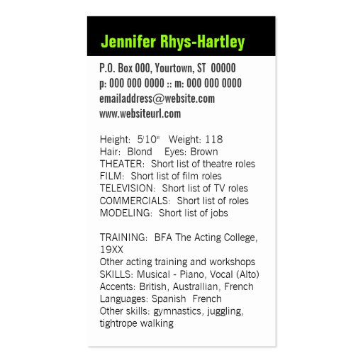 Performers Vertical Resume and Headshot Business Card (back side)