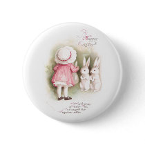 Perky White Easter Bunnies and Girl in Pink Dress